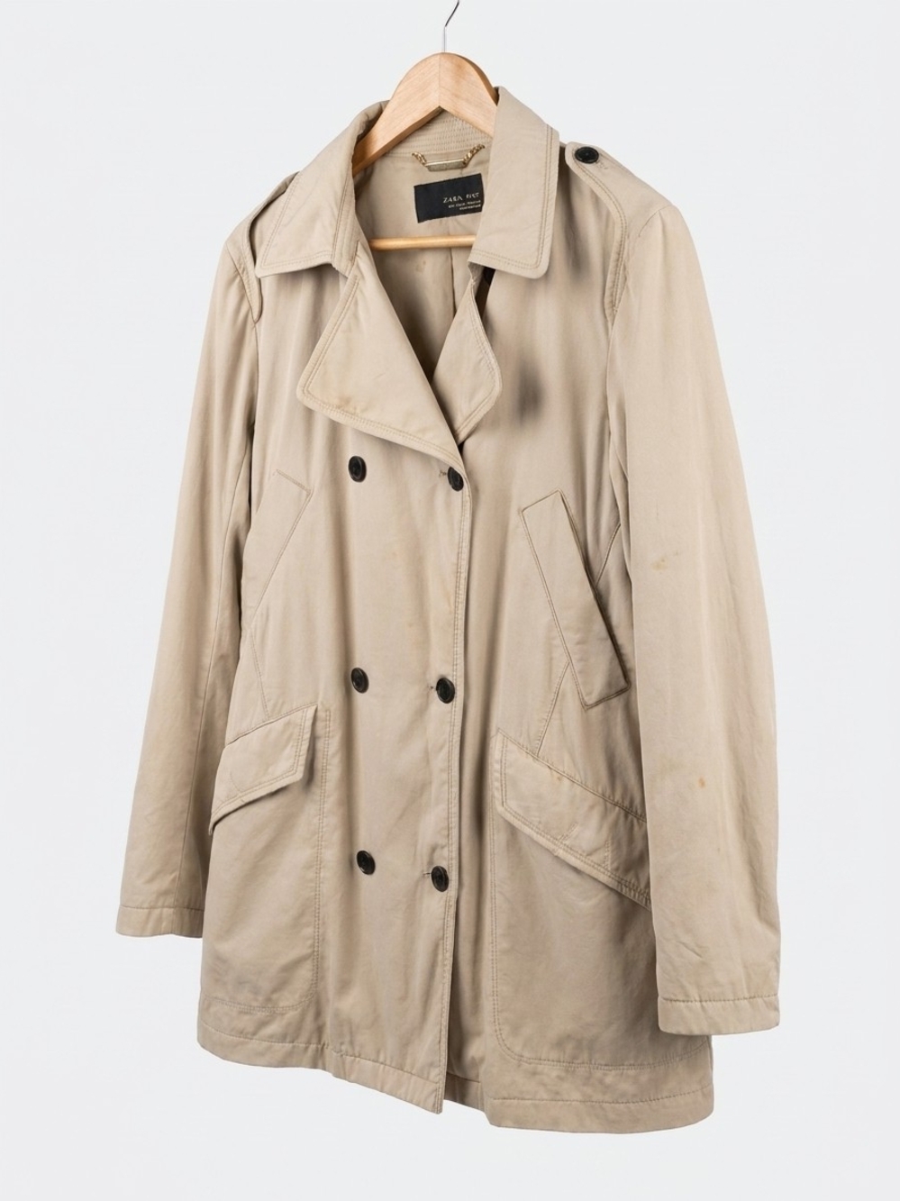 Zara Man Men’s Medium Beige Double Breasted Trench Coat Utility Jacket